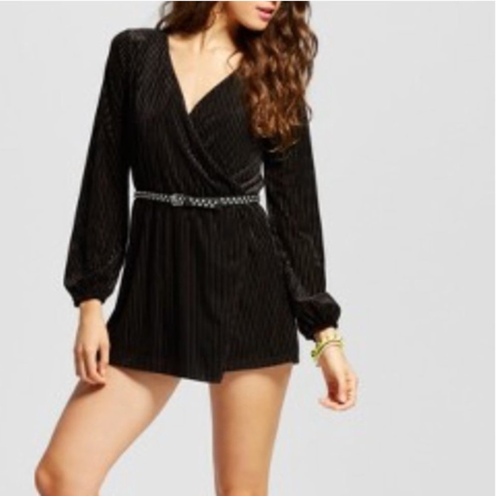 BOGO Black Velvet Romper Skort Long puff sleeve, V neck. Size Medium